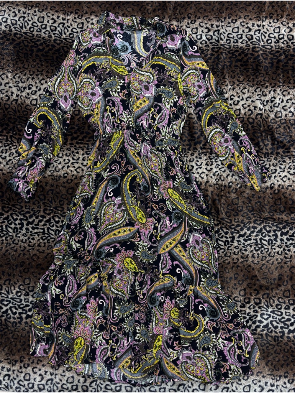 Zara Long Sleeve Paisley Print Women’s Dress in Black, Pink, and Yellow